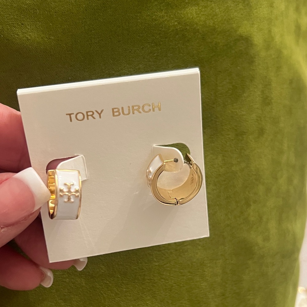 Tory Burch Gold and White Enamel Earrings